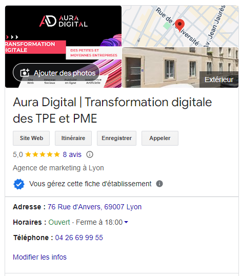 Fiche établissement Google My Busisness de Aura Digital